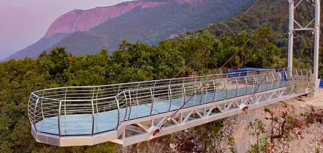 Stepping Across the Glass Bridge at Rajgir